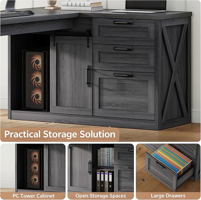 Farmhouse L Shaped Office Desk with Drawers 78 Inch L Shape Desk Executive Office Desk with File Cabinet Storage Shelves and Power Outlets for Home Office Dark Grey