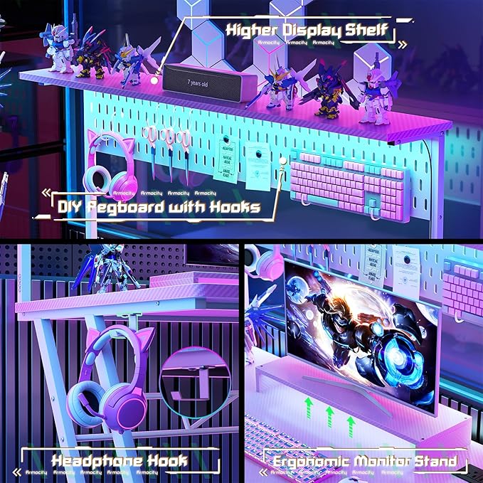 Armocity Pink Gaming Desk with Hutch and LED Lights 53 Computer Desk with Storage Shelves Reversible PC Gaming Desk with Pegboard Gamer Desks for Bedroom Carbon Fiber Surface