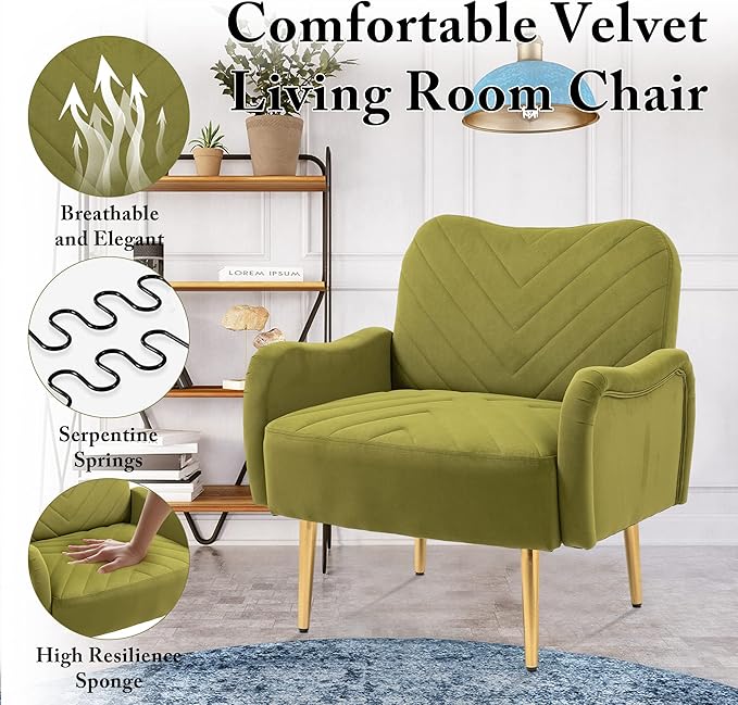 Velvet Accent Chair Comfy Upholstered Living Room Arm Chair Single Reading Sofa Chairs for Bedroom Office Small Spaces Waiting Room Furniture (Olive Chair)