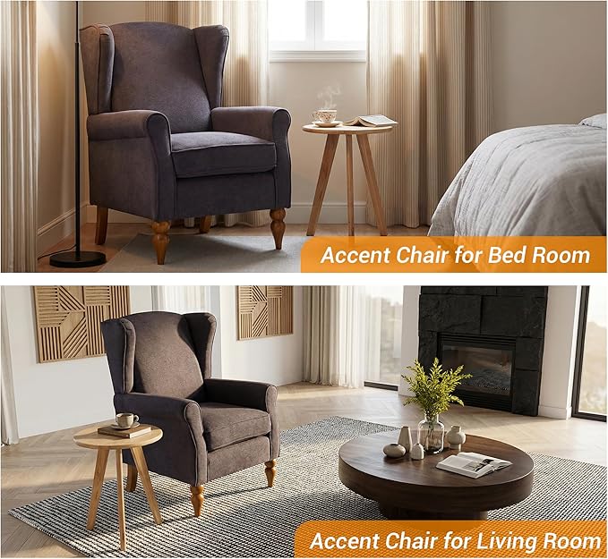 Modern Wingback Living Room Chair Upholstered Accent Armchair Single Sofa Chair with Lounge Seat and Wood Legs for Office/Bedroom/Reading Spaces Dark Grey