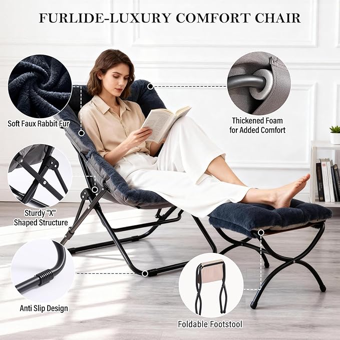 Saucer Chair with Ottoman Comfy Doorm Chairs Oversized Folding Faux Fur Chair Foldable Metal Frame Chair for Bedroom Living Room(Navy Blue)