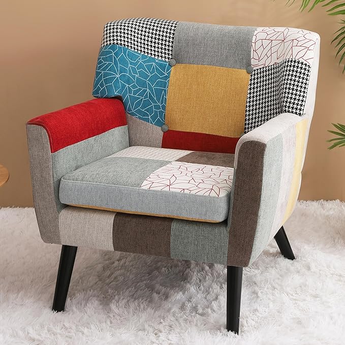 Colorful Accent Chair &amp Boho Accent Chair Comfy Arm Chair with Wide Back for Bedroom Living Room Linen Fabric Patchwork Wood Legs