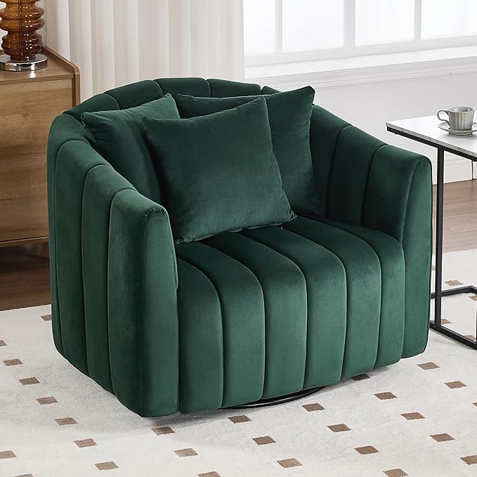 Chifee &amp Vingol 40.16 W Swivel Accent Barrel Chair Velvet Round Barrel Chair with 3 Pillows 360 Degree Swivel Armchair for Living Room Bedroom Green