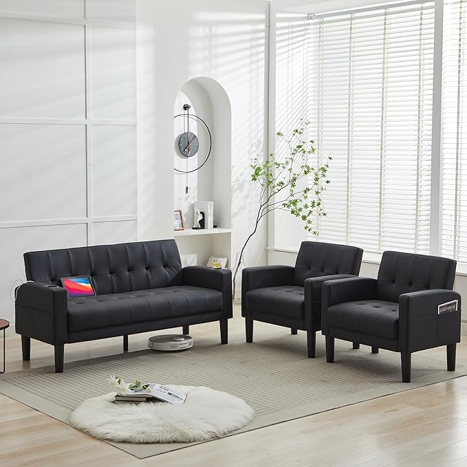 TYBOATLE Sofa Couch 62 W Loveseat w/ 2 USB Charger Ports &amp 2 Cupholders Mid-Century Modern Tufted Small Love Seat Couches for Office Living RoomBedroomApartmentDorm (3 Black)