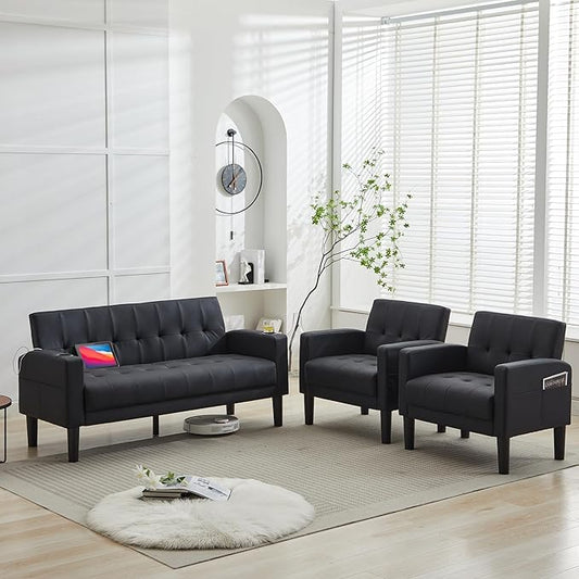 TYBOATLE Sofa Couch 62 W Loveseat w/ 2 USB Charger Ports &amp 2 Cupholders Mid-Century Modern Tufted Small Love Seat Couches for Office Living RoomBedroomApartmentDorm (3 Black)