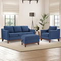 Modern 3 Piece Sofa Set with Rivets Included Chenille Accent Chair Upholstered 3-Seater Couches with Solid Wood Legs and Storage Ottoman Living Room Furniture SetBlue