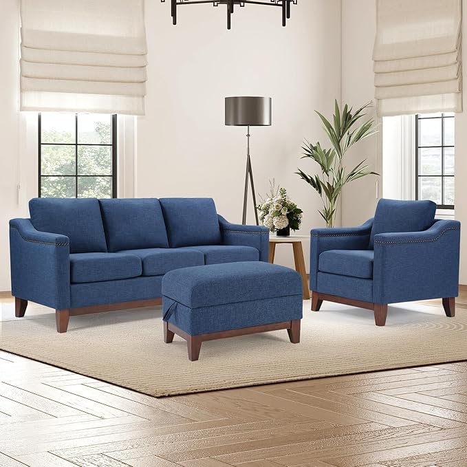 Modern 3 Piece Sofa Set with Rivets Included Chenille Accent Chair Upholstered 3-Seater Couches with Solid Wood Legs and Storage Ottoman Living Room Furniture SetBlue