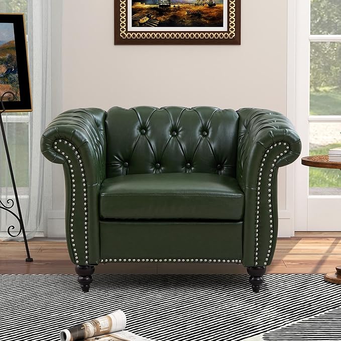 QHITTY Accent Chair Chesterfield Chair Modern Leather Upholstered Chair with Tufted Back for Living Room Furniture (Green)