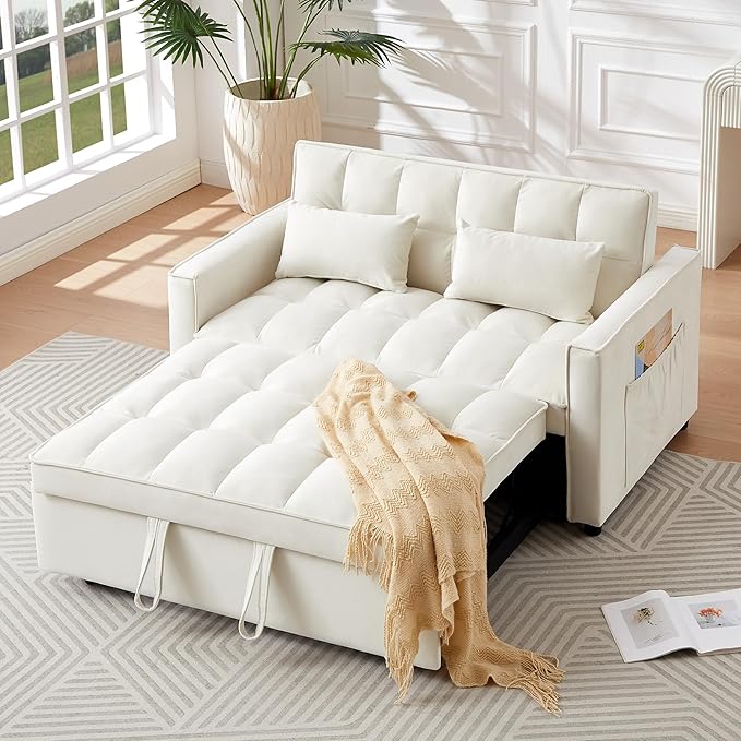 3 in 1 Convertible Sleeper Sofa Bed 54'' Full Size Velvet Pull Out Futon Couch Recliner with Reclining Backrest &amp 2 Pillows Small Loveseat Lounge Couches for Small Spaces (Silver Grey)