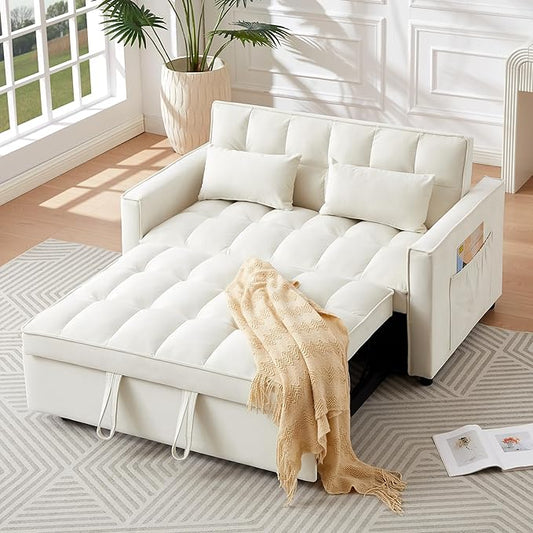 3 in 1 Convertible Sleeper Sofa Bed 54'' Full Size Velvet Pull Out Futon Couch Recliner with Reclining Backrest &amp 2 Pillows Small Loveseat Lounge Couches for Small Spaces (Silver Grey)