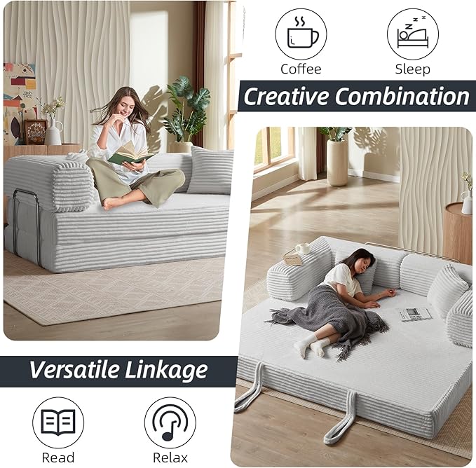 4-in-1 Convertible Folding Sleeper Sofa Bed Plush Corduroy Foldable Mattress Couch with Fixed-Shape Frame Floor Compressed Sofa for Living Room Bedroom (Light Grey)
