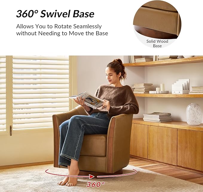 HULALA HOME Genuine Leather Swivel Accent Chair with Solid Wood Base Round Swivel Barrel Chair for Living Room and Bedroom Camel