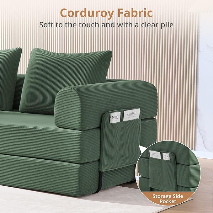 4-in-1 Folding Convertible Sofa Bed 78 Inch Oversized Corduroy Loveseat Sleeper with Pull Out Bed Boneless Futon Couch for Living Room Bedroom No Assembly Needed Green