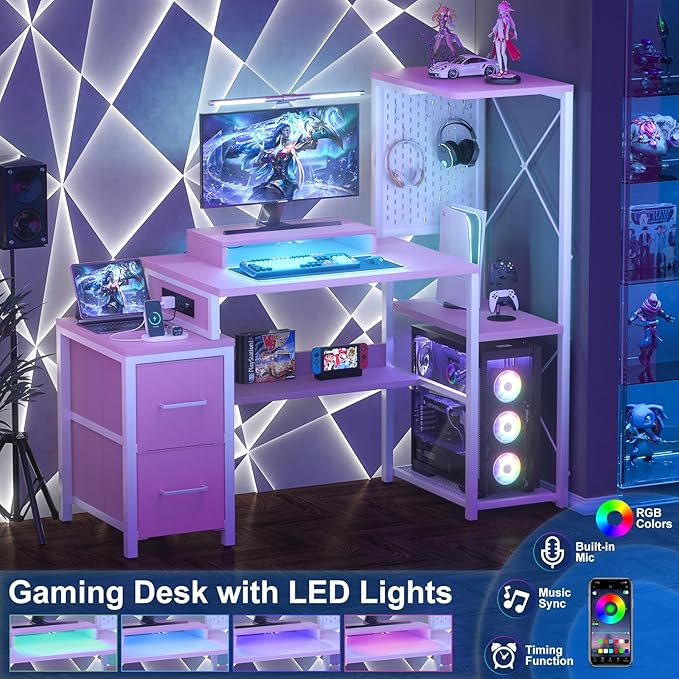 Small Gaming Desk with 2 Fabric Drawers - Reversible Computer Desk with Power Outlet &amp LED Lights 49 Office Desk with Monitor Stand &amp Storage Shelves Writing Study Table with Pegboard Pink