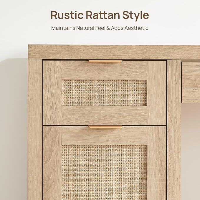 SICOTAS Rattan Executive Desk with Storage - Larger Home Office Desk with Drawers and Cabinets Farmhouse Boho Computer Table Vanity Desk for Study Office Living Room Light Oak (2 Pieces)