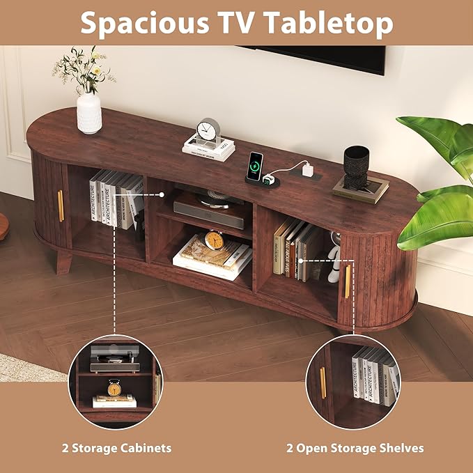 Mid-Century Modern TV Consoles with Sliding Doors 59.4 Fluted TV Stand with Power Outlet and Open Shelves Entertainment Center for Living Room Bedroom Red Brown