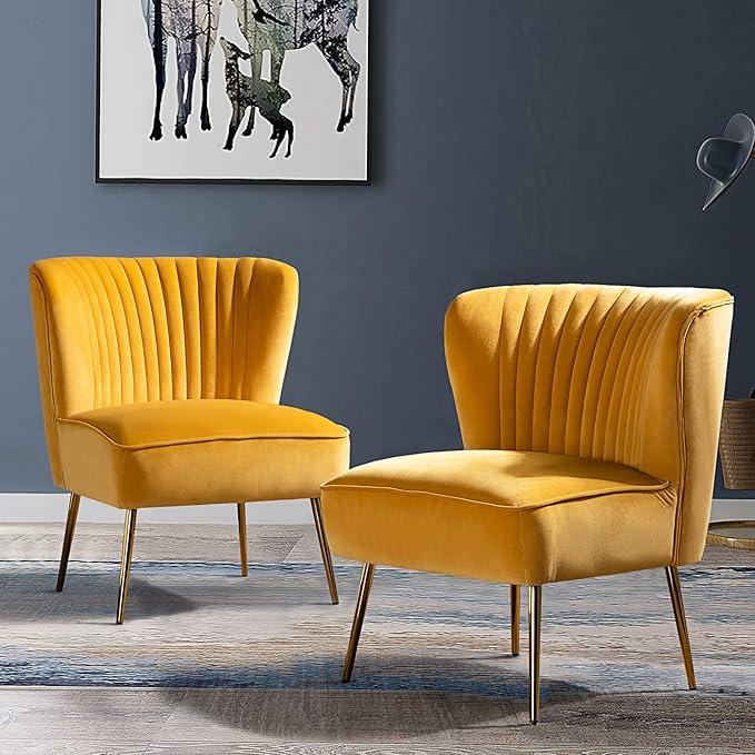 TINA'S HOME Velvet Accent Chair Set of 2 with Metal Golden Legs Upholstered Armless Slipper Chair with Wingback Mid Century Side Chair for Living Room Bedroom Vanity- Mustard