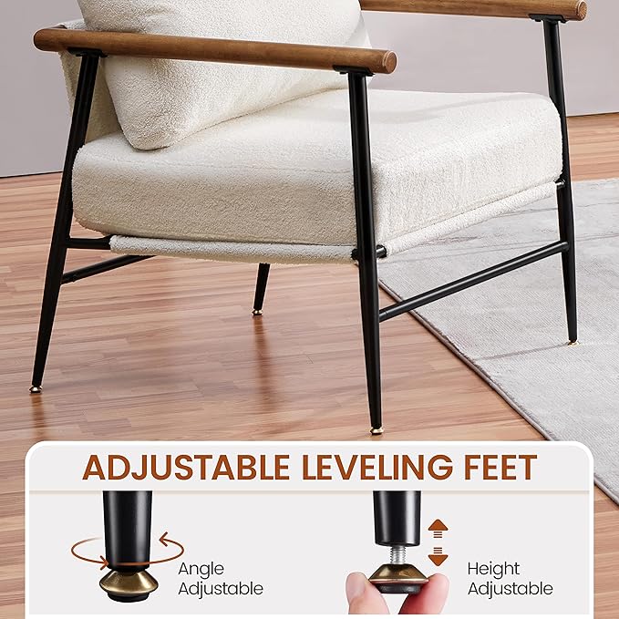 Topeakmart Mid-Century Boucle Accent Chair Reading Chair with Stylish Boucle Fabric Lounge Chair with Ultra-Long Armrest and Extra-Wide Seat for Living Room Lounge Office Ivory
