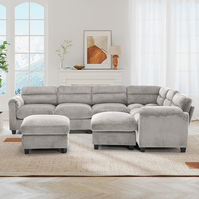 115” Modular Sectional L Shaped Corner Sofa with 2 Movable Ottoman Corduroy 8-Seater Couches with Thick Cushion for Living Room Grey
