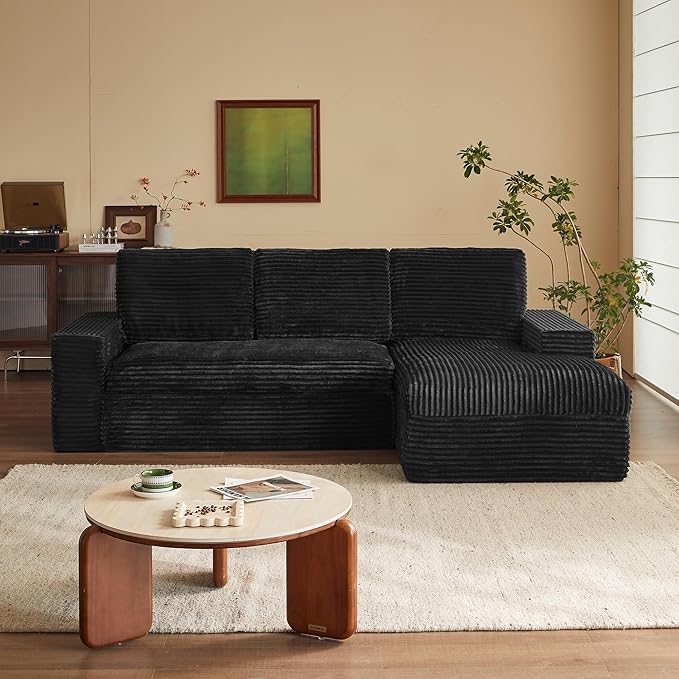 104 Modular Sectional Couch with Chaise Cloud Couch Deep Seat Fluffy Corduroy Sofa Memory Foam Boneless Couches for Living Room Bedroom No Assembly Required (Black 104 Right Chaise)