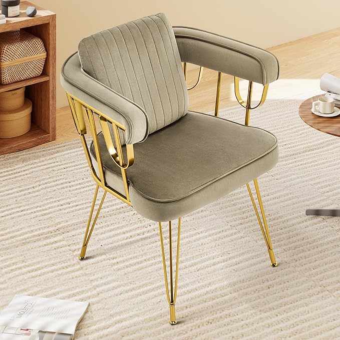 Makeup Vanity Chair with Gold Back No Wheels Accent Velvet Desk Chairs with Extra Lumbar Pillow for Girls Bedroom Dressing Room Nail Salon Living Room Greyish Brown