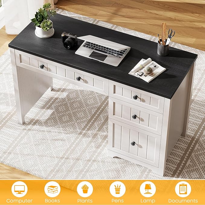 Farmhouse Executive Desk with File Drawer Home Office Desk with 4 Drawers Wood Computer Desk with Storage Rustic Office Desk for Work Study Writing Black White