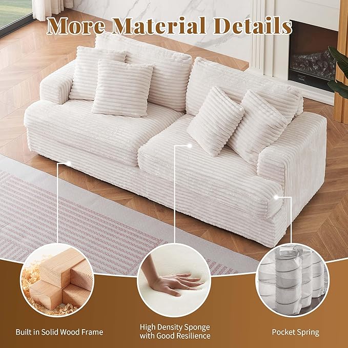 Modern Cloud Couch 3-Seater with 4 Matching Toss Pillows 88.58 Soft Corduroy Sofa with Deep Seat for Small Spaces Living Room Apartment (White)