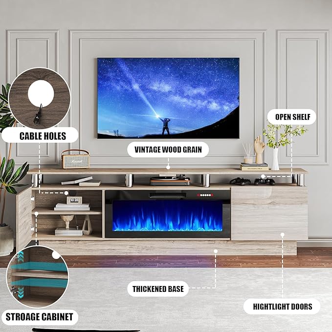 80 Modern Fireplace TV Stand with 36 Electric Fireplace for TVs Up to 90 inch Luxury LED Light Entertainment Center with High Gloss Cabinet TV Consoles for Living Room Grey