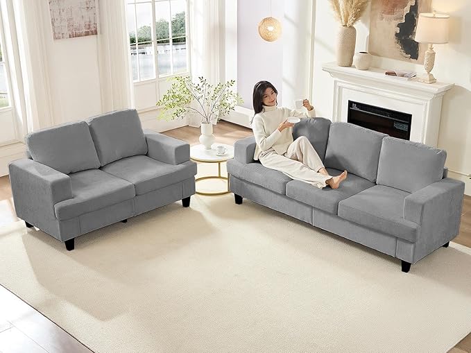 Mjkone 82 Width 2 Pieces Living Room Sofa Sets 3 Seater Sofas Couch and Loveseat Set Sofas Couches Living Room Furniture Sets Sectional 3-Seat Sofa + Loveseat Couch Set for Home Office Light Grey