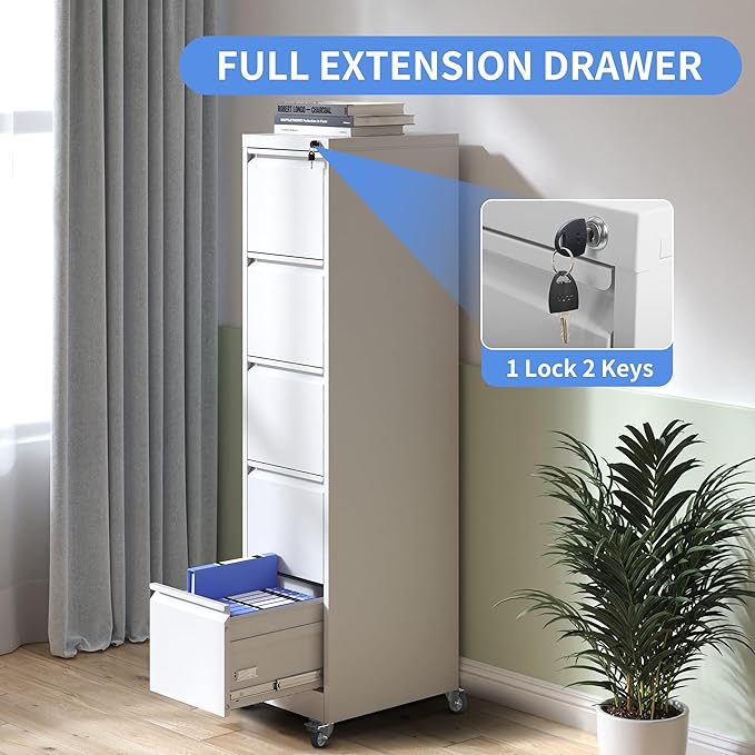 5 Drawer File Cabinet with Wheels Metal Mobile Filing Cabinets with Lock Vertical File Cabinet for Home Office Rolling Storage Cabinet for A4/Letter/Legal Size File Assembly Required White