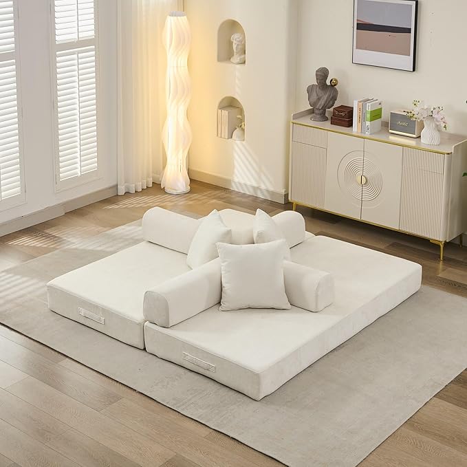 Convertible Folding Sofa Bed Modular Floor Couch 78.8‘’ Cloud Sleeper Sofa with Removable Backrest Chenille Foldable Mattress Couch Lazy Loveseat for Small Space Apartment Bedroom Beige