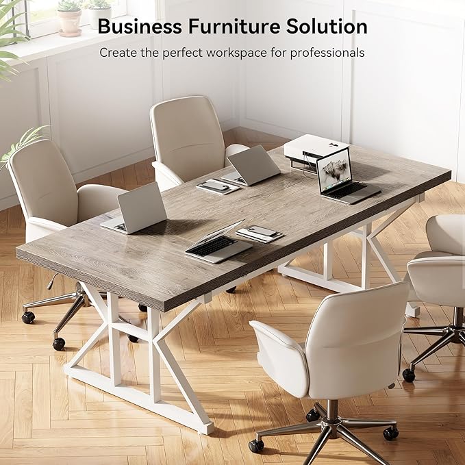 LITTLE TREE 70.8-Inch Large Executive Desk Modern Computer Office Desk Wooden Writing Desk Study Table for Home Office Grey-White