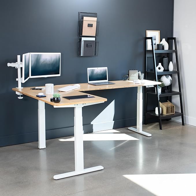 VIVO Electric Height Adjustable 83 x 60 inch Corner Stand Up Desk 2 Solid Bamboo Table Tops White Frame Memory Controller L-Shaped Workstation 3E Series DESK-KIT-3E8WO