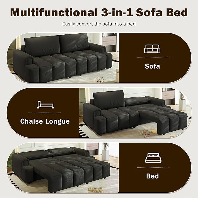 90.2 Futon Sofa Bed King 3-in-1 Teddy Convertible L-Shaped Sofa Upholstered Loveseat Couches Pull Out Couch Bed Small Spaces Deep Seat Storage for Living Room Apartment Black