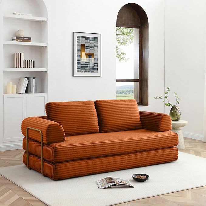 80 Inch Convertible Sleeper Sofa Bed with High Backrest Plush Corduroy Boneless Folding Floor Mattress Couch Bed with Fixed-Shape Frame Futon Loveseat No Assembly Required Orange
