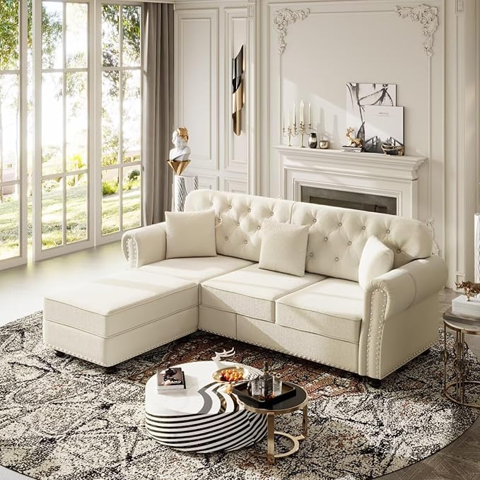 82.6 Beige Velvet Sofa with Nailhead Trim &amp Rolled Arms Classic Chesterfield Style 3-Seater Couch with 3 Pillows &amp 1 Ottoman Mid-Century Modern Living Room Furniture for Home Decor