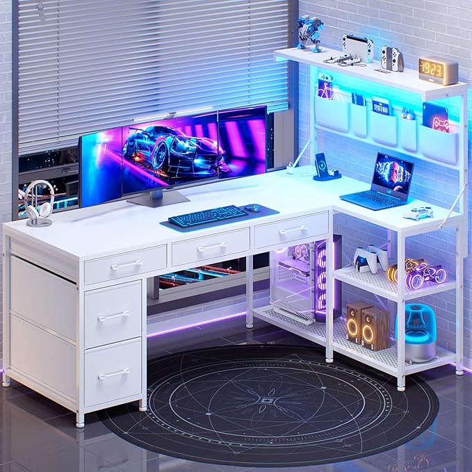 SEDETA Corner Computer Desk Reversible L Shaped Computer Desk with Fabric Drawers and Power Outlet 47.2” Gaming Desk with LED Lights Storage Shelves and Hutch White