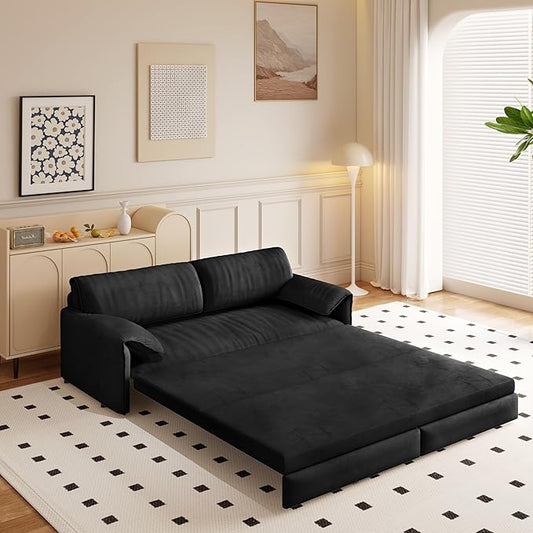 66 Sleeper Sofa Bed Queen Size 3-in-1 Convertible Couch Modern Pull Out Couches Comfy Velvet Futon Sofa Cloud Loveseat Lounge Pillow Arm for Small Spaces Living Room Apartment Black