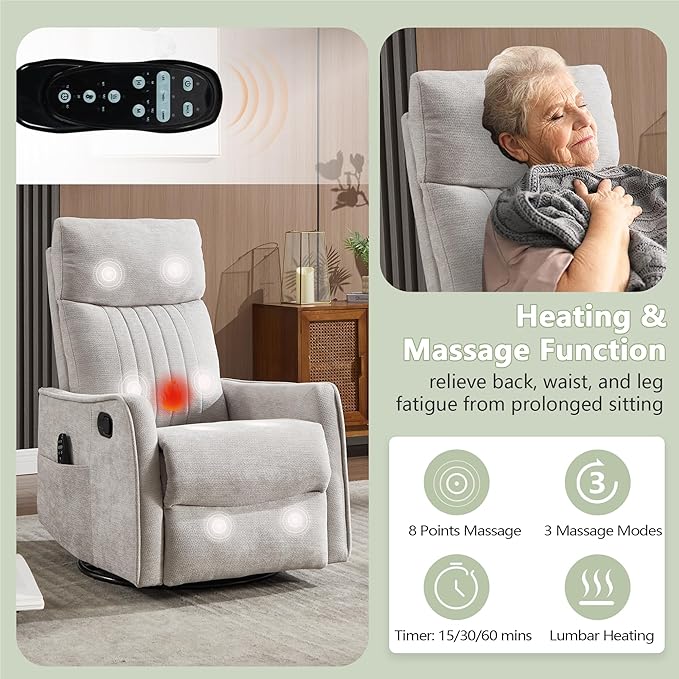 cinkehome Heated Massage Swivel Rocker Recliner Chair Nursery - Small Space Reclining Chair with Lumbar Support 360° Swivel &amp Gentle Rocking Ergonomic High Back Chenille Fabric Beige