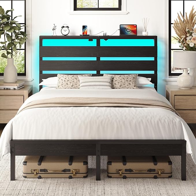 Rolanstar Full Size Bed Frame with LED Lights and Charging Station Wood Storage Headboard and Under Bed Storage Metal Platform Noise Free No Box Spring Needed Balck Oak