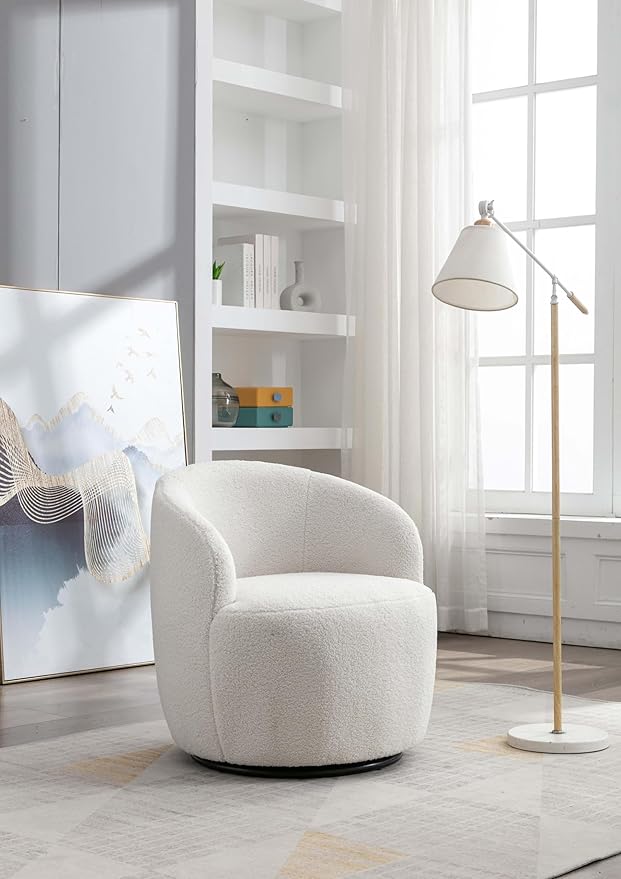 360° White Teddy Swivel Accent Chair for Living Room Small Round Swivel Chairs with Metal Base for BedroomBarrel Chairs for Bedroom Corner Or Small Spaces Cozy (Ivory)