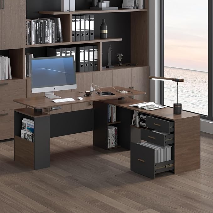 JOMEED 63 L Shaped Electric Standing Desk with Storage Executive Adjustable Height with Power Outlets and Privacy PanelBrown and Black