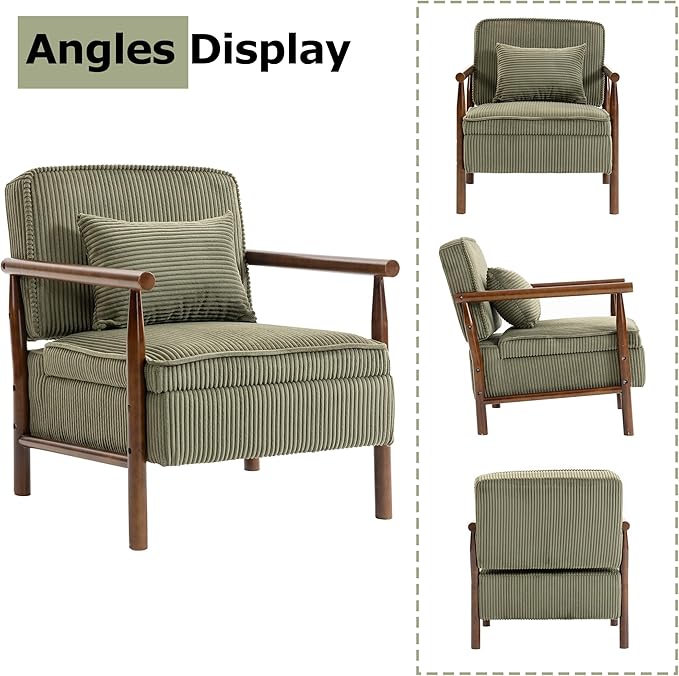 Accent Chair Comfy Modern Mid-Century Accent Chairs with Storage Corduroy Upholstered Lounge Armchair with Solid Wood Reading Side Single Sofa for Living Room/Office/Balcony/Bedroom-Green