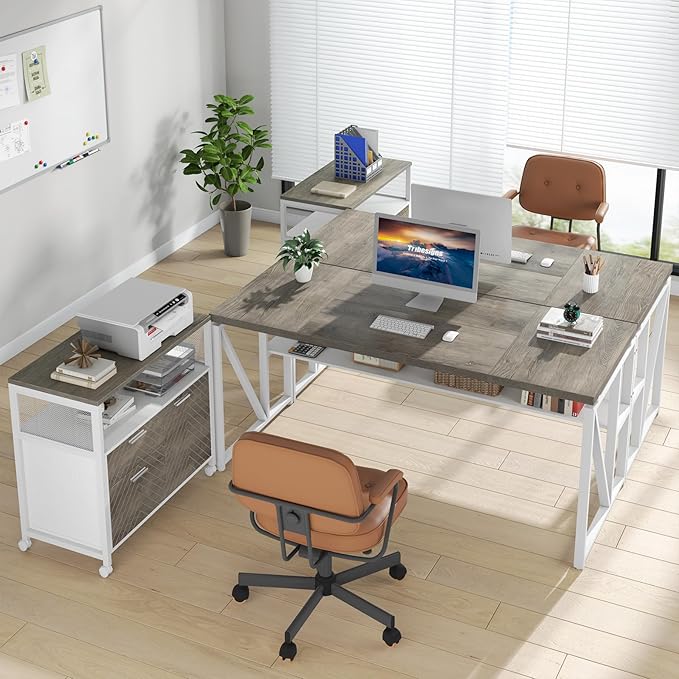 Tribesigns L-Shaped Executive Desk with Reversible File Cabinet 63 Large Office Desk with Drawers and Storage Shelves Business Furniture Workstation for Home Office (Oak Grey)