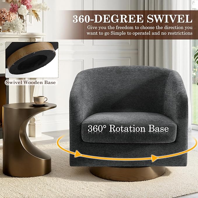 UIXE Swivel Accent Chairs Set of 2 Chenille Upholstered Barrel Chair for Living Room Comfy Round Armchair Single Sofa Bedroom Reading Seat - Gray