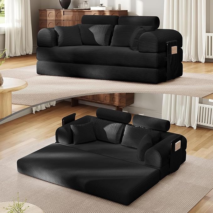 79'' Upgrade High Backrest Sofa Bed with Fixed Frame Removable Armrests &amp Backrest Corduroy Fabric Convertible Couch for Small Spaces No Assembly Needed (High Backrest Black)