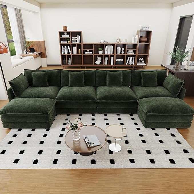 146.5 Chenille Modular Sectional Sofa Comfy Cloud Couch Sectional Sofa Modern 4 Seat Deep Seat Couch for Living Room Bedroom Apartment (Green 146.5Inch-U Shape)