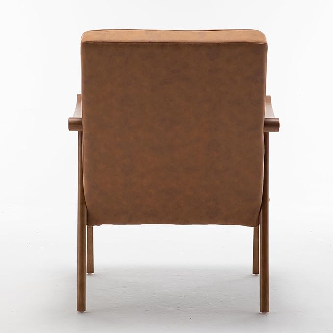 Unique Mid Century Modern Accent Chair with Open-Framed Armchair Design Plush Foam Cushioning and Leather-Look Microfiber Seat and Back Cushions Brown