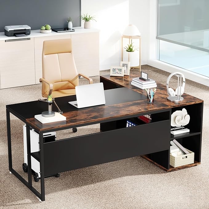 Tribesigns 71 L-Shaped Executive Desk Large Office Desk with Lateral Cabinet and Open Shelves Industrial Computer Table for Home Office Walnut &amp Black