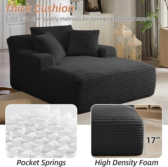 Oversized Chaise Lounge Chair Indoor Corduroy Sofa Bed with Throw Pillows Recliner Chair Comfy Large Deep Seat Sofa Couch for Living Room Bedroom Apartment (Black)